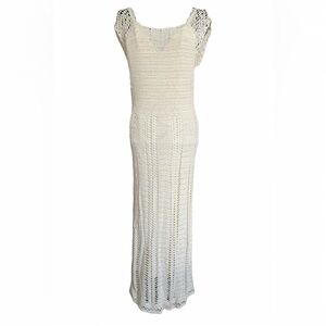 Express Handknit Cream Crochet Maxi Dress Lined Sleeveless Boho Beach Resort L
